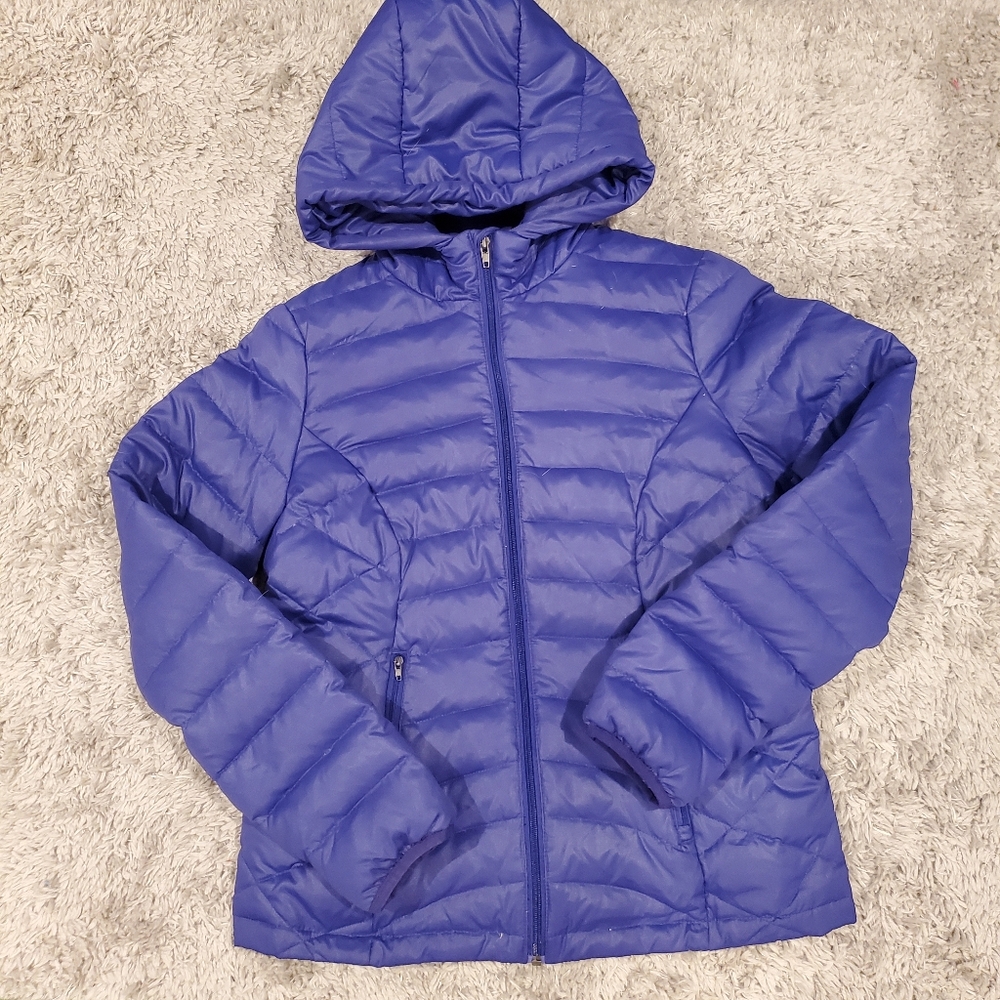 Black Rivet Medium Down Feather puff Jacket Hooded Warm Puffer Coat Blue Purple